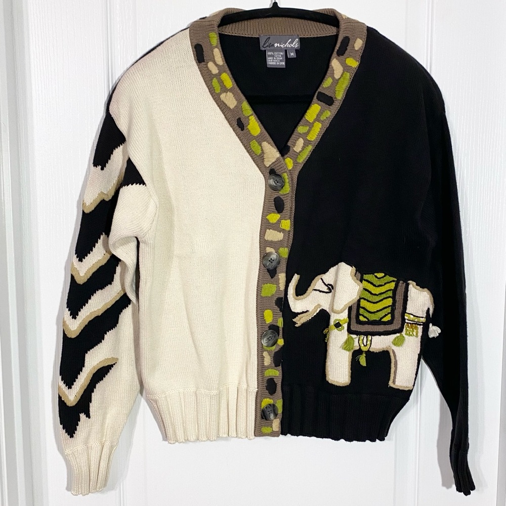 Y2K VTG Lisa Nichols 3D Elephant Mama Baby Knit Cardigan Black Cream Size Medium